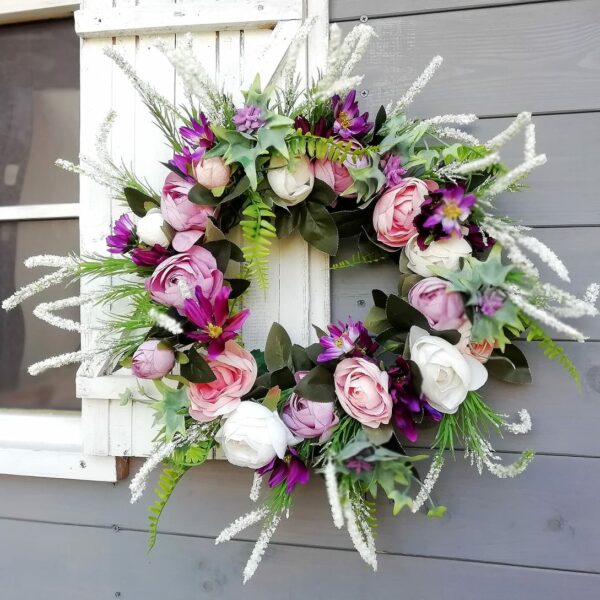 hand made ręcznie robiony wianek dekoracyjny różowo fioletowy z białym wrzosem na drzwi