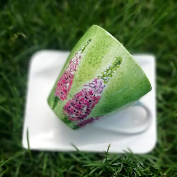 hand made ręcznie malowana porcelanowa filiżanka ze spodkiem zielona z różowymi kwiatami