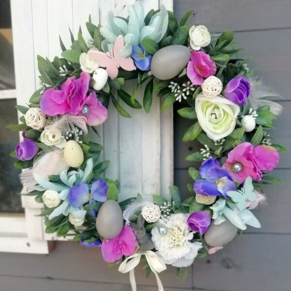 hand made wianek na drzwi ręcznie wykonany róż błękit biel zajączek